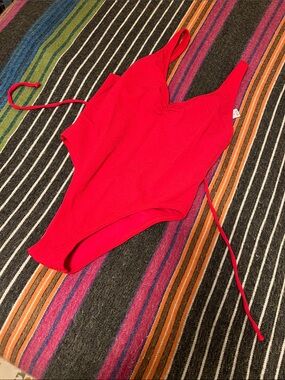 Red Target One-Piece Swimsuit - Ribbed Classic V-Neck Medium with ties